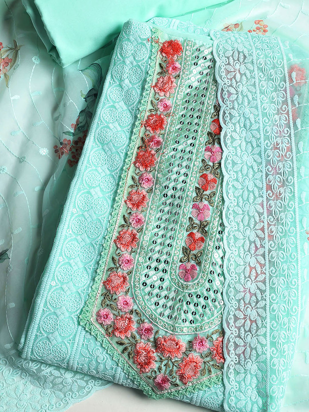 Chikan Work Georgette Unstitched Suit With Dupatta