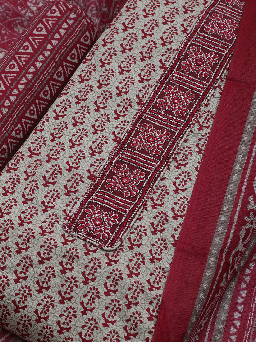 Patch Neck Cotton Blend Unstitched Suit With Dupatta