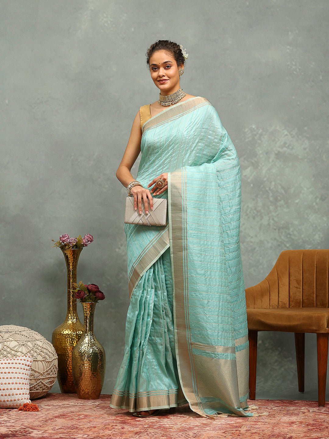 Embroidered Border Booti Art Silk Saree
