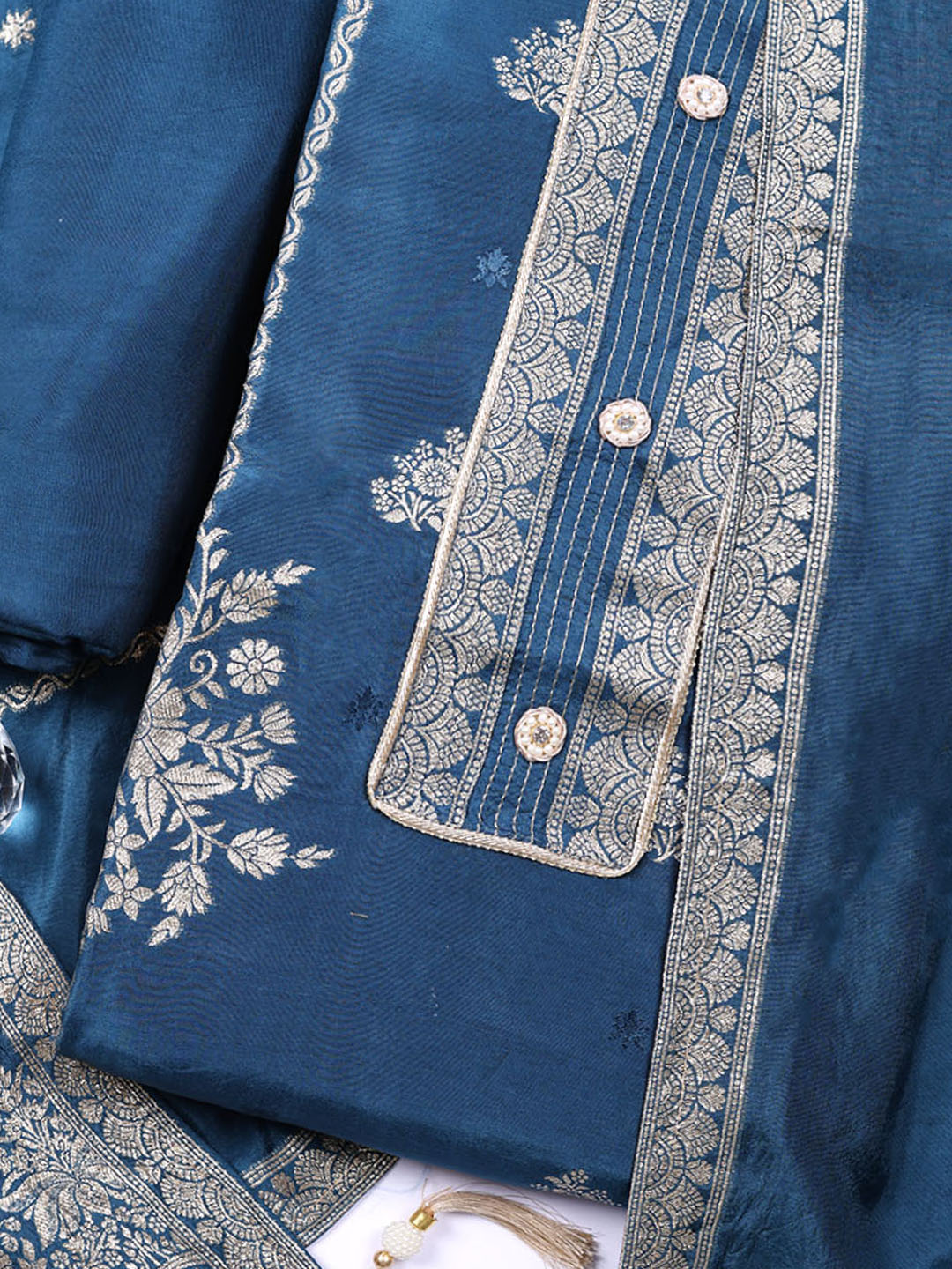 Embroidered Chanderi Unstitched Suit With Pant &amp; Dupatta