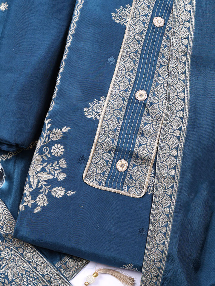 Embroidered Chanderi Unstitched Suit With Pant &amp; Dupatta