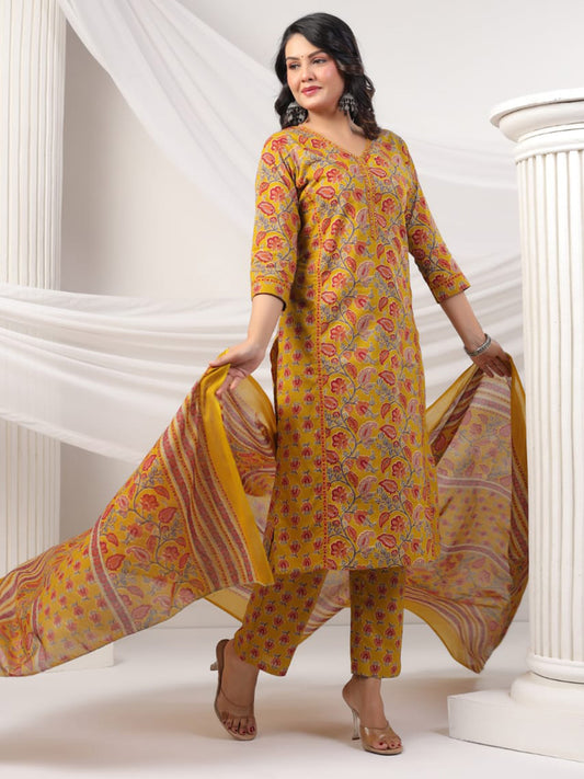 Printed Cotton Blend Kurta With Pants & Dupatta