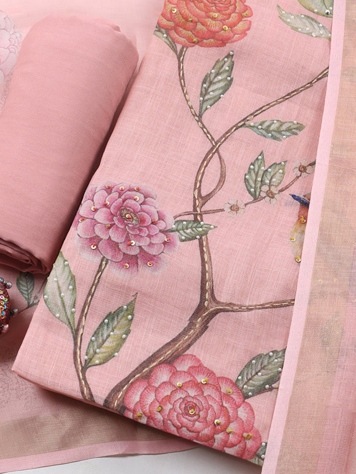 Printed Linen Blend Unstitched Suit With Pant &amp; Dupatta