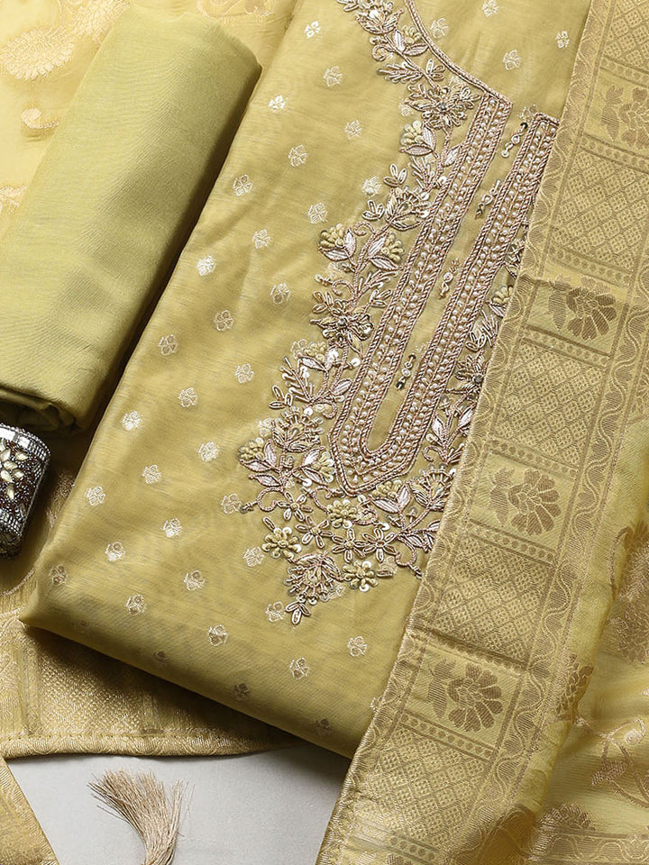 Embroidered Chanderi Unstitched Suit With Pant &amp; Dupatta