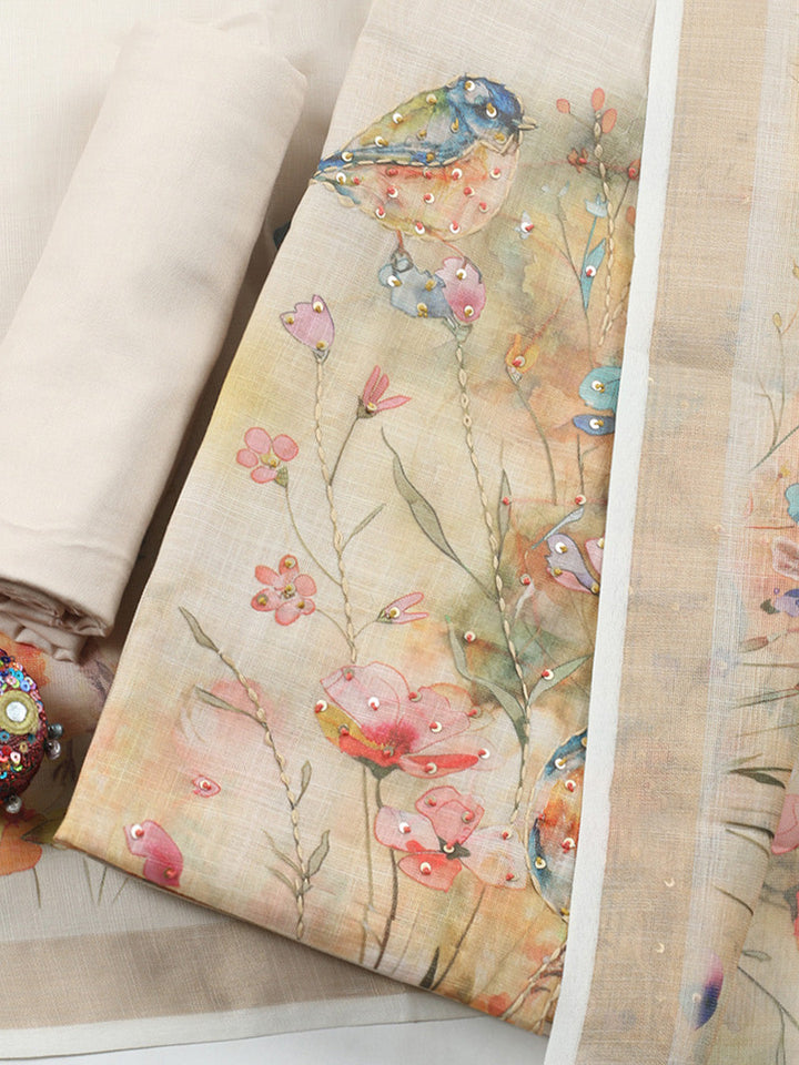 Printed Linen Blend Unstitched Suit With Pant &amp; Dupatta