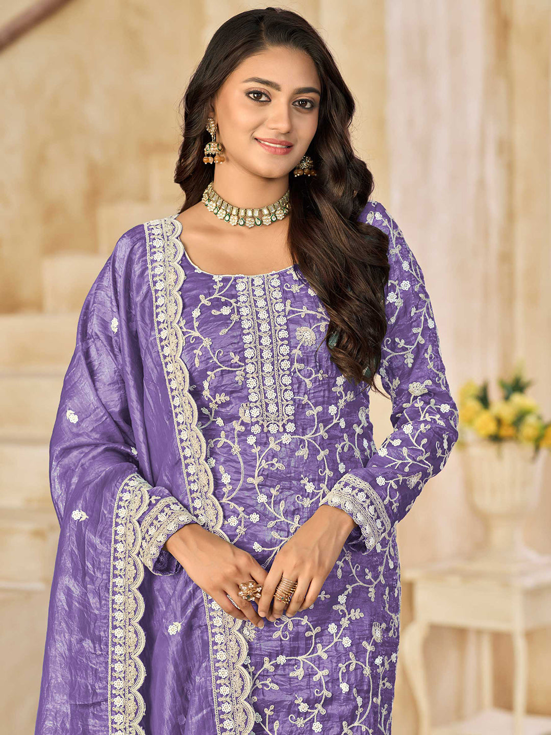 Embroidered Organza Semi Stitched Kurta With Pant &amp; Dupatta