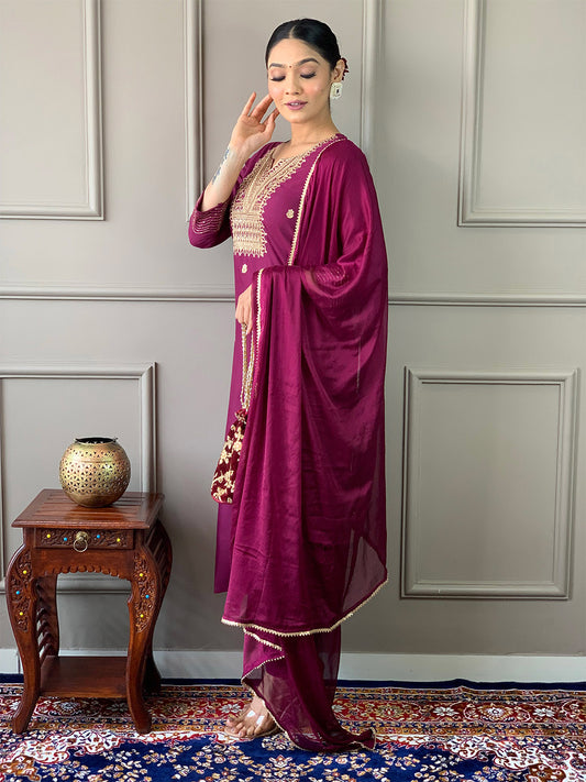 Neck Embroidered Cotton Blend Kurta With Pant & Dupatta