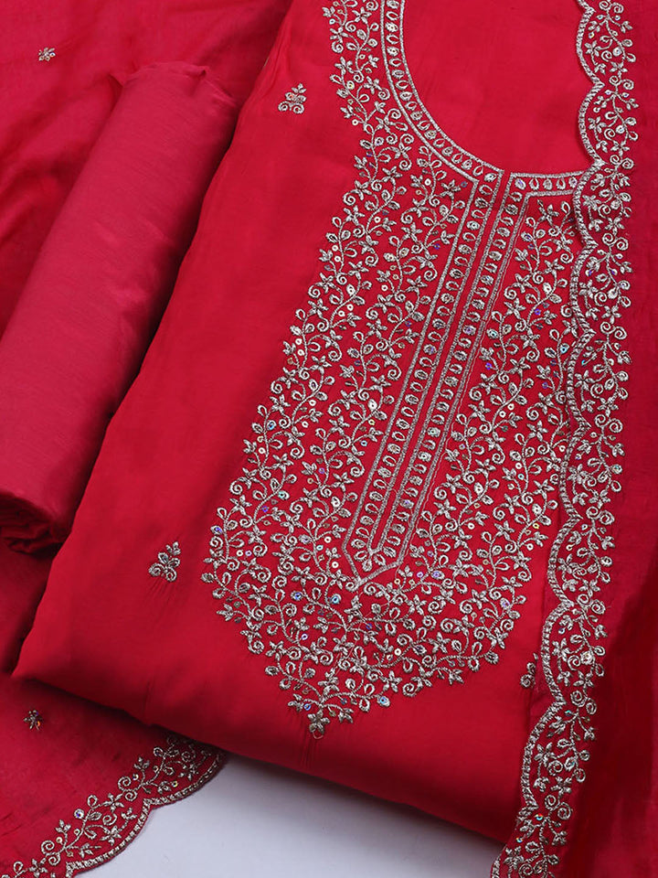 Neck Embroidered Chanderi Unstitched Suit With Dupatta