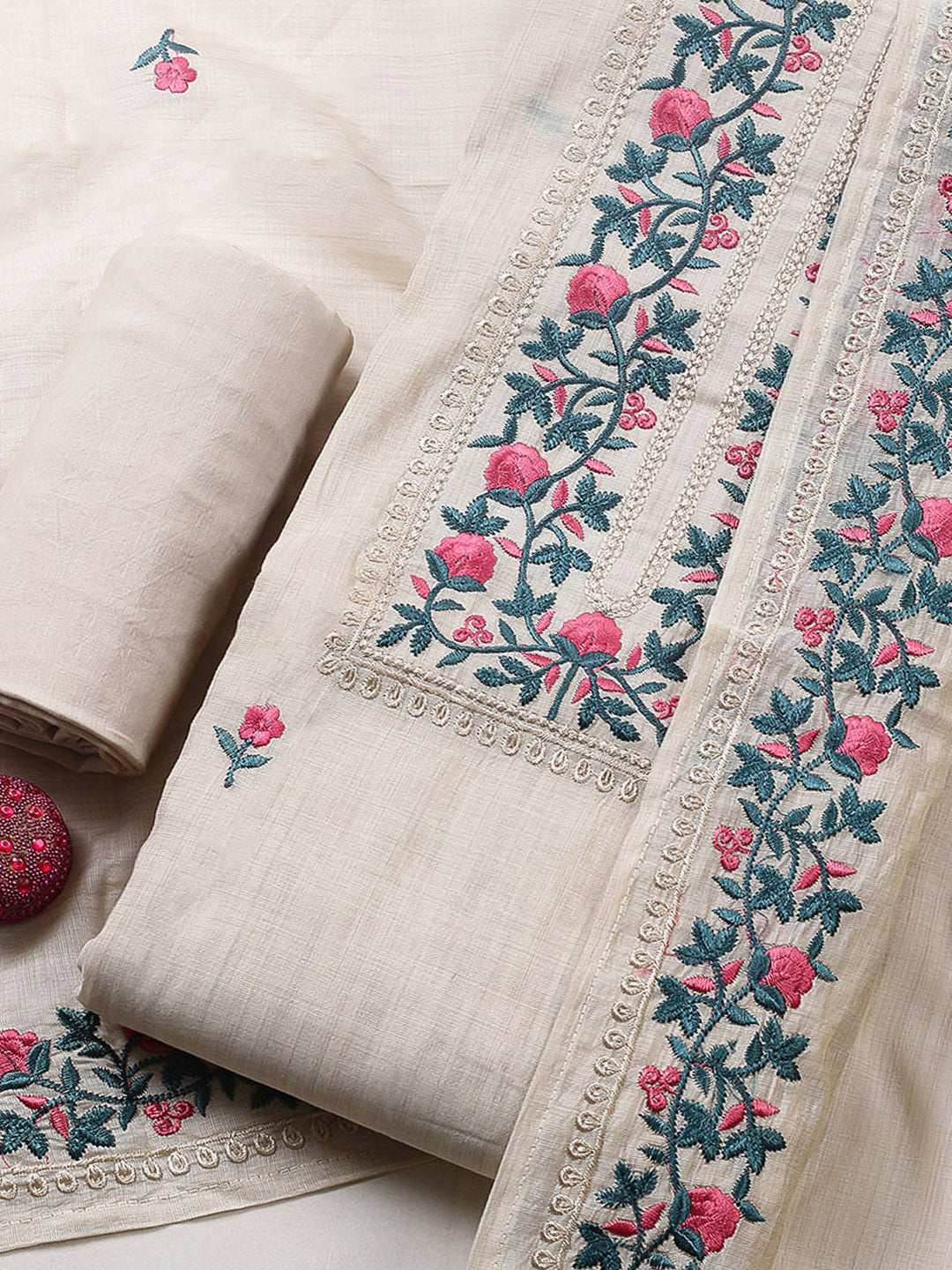 Embroidered Tussar Silk Unstitched Suit With Pant &amp; Dupatta