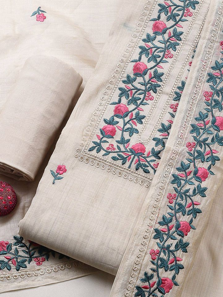 Embroidered Tussar Silk Unstitched Suit With Pant &amp; Dupatta