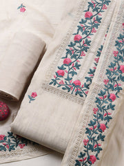 Embroidered Tussar Silk Unstitched Suit With Pant & Dupatta