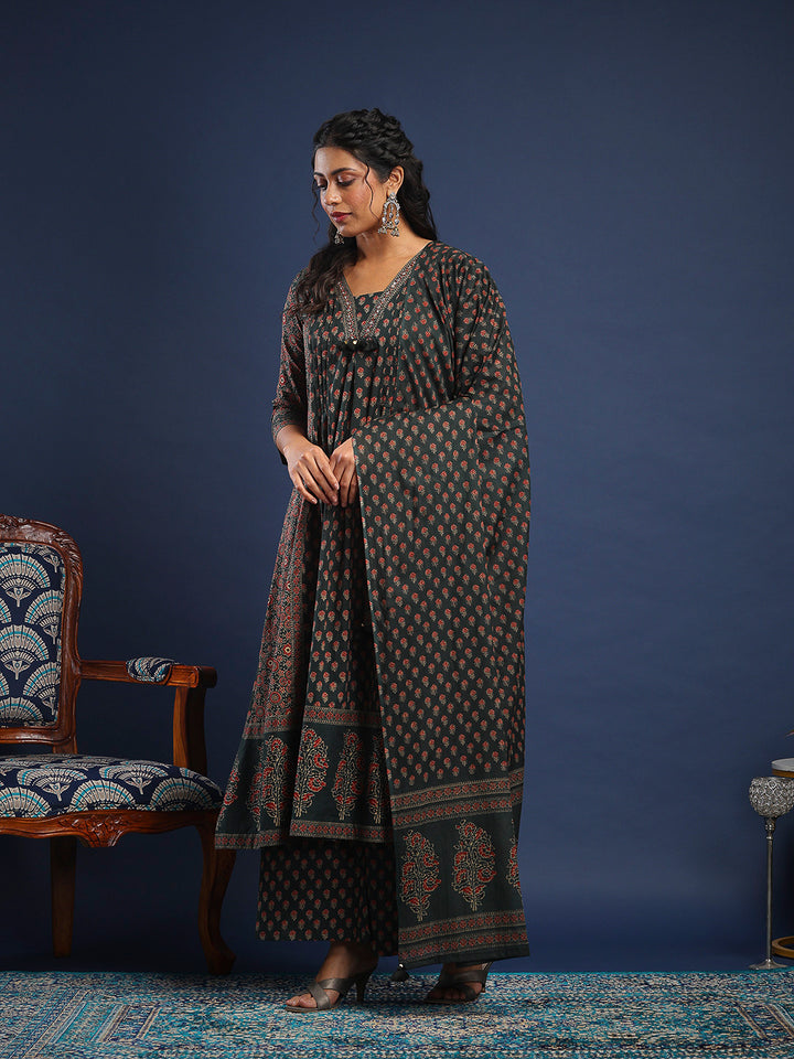 Bottle Green Cotton Blend Printed Straight Suit Set