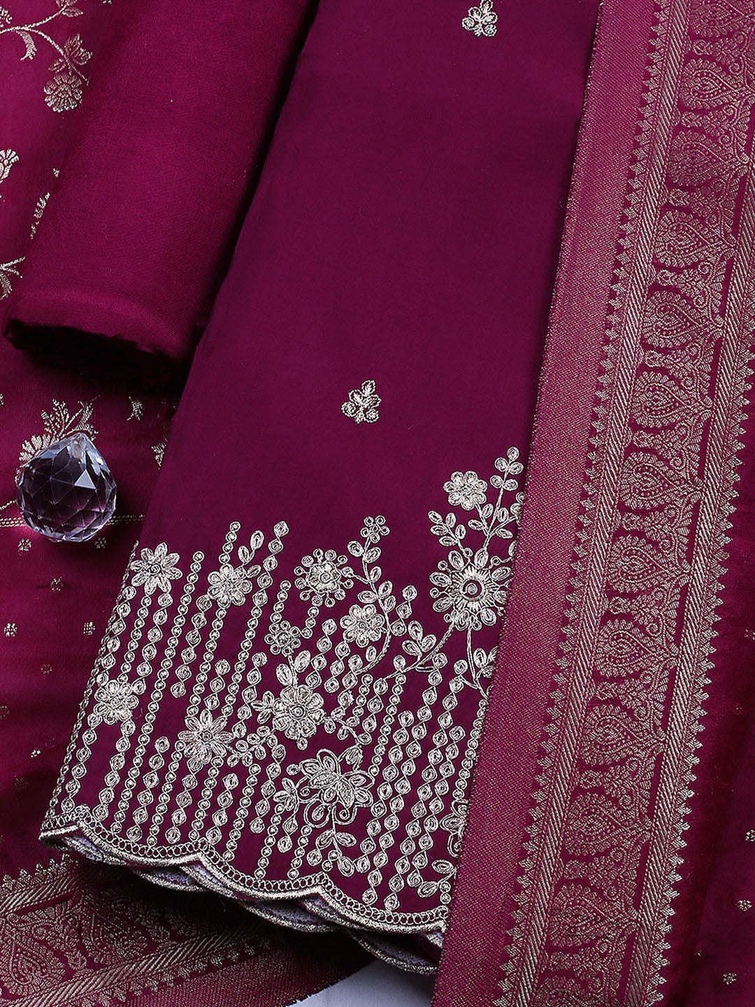 Embroidered Chanderi Unstitched Suit With Pant &amp; Dupatta
