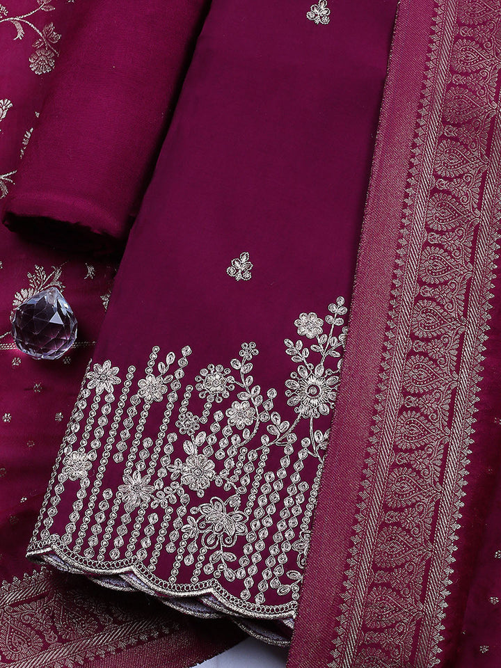 Embroidered Chanderi Unstitched Suit With Pant &amp; Dupatta