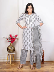 Embroidered Cotton Blend Kurta With Pant & Dupatta