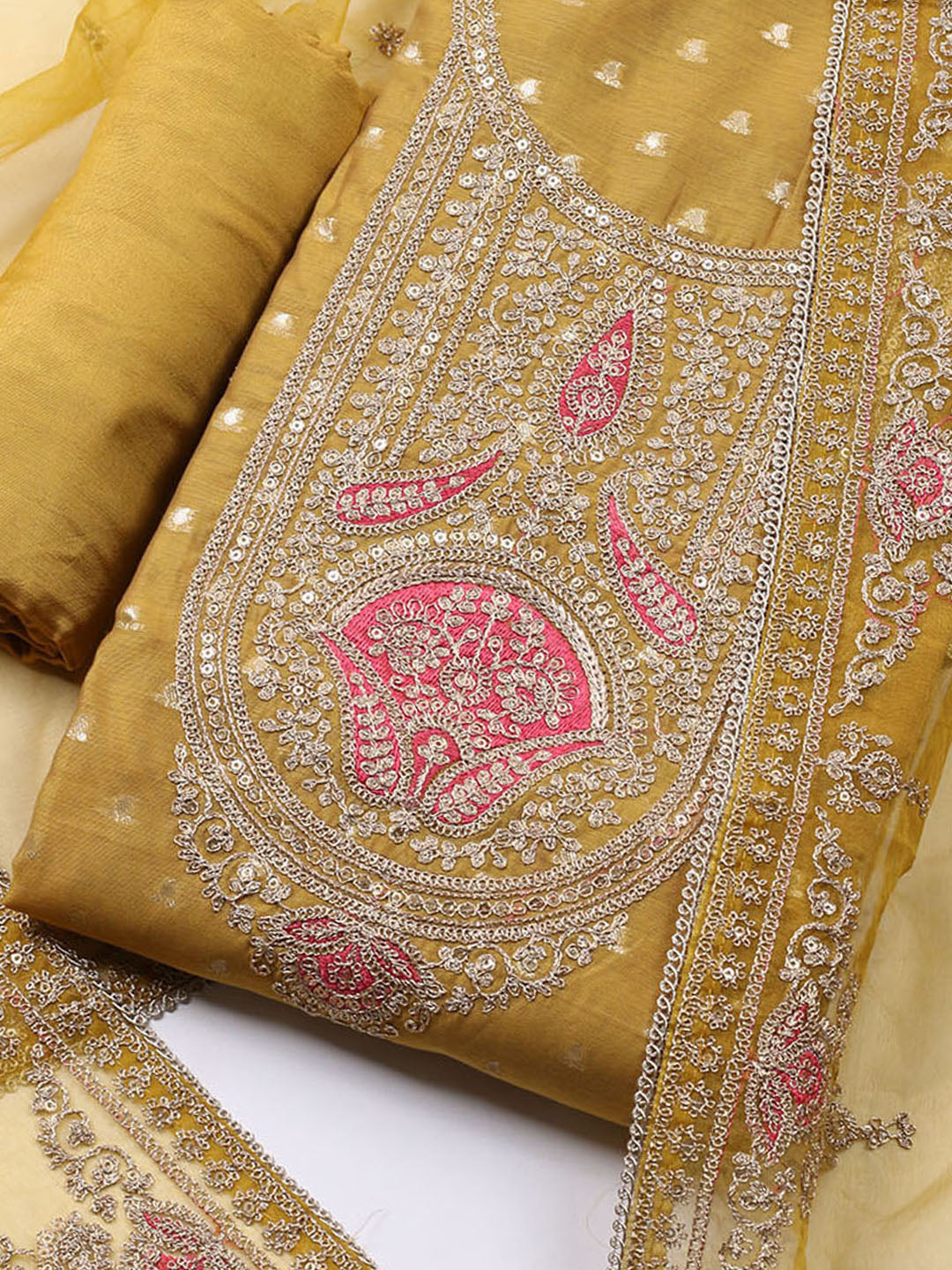 Neck Embroidered Chanderi Unstitched Suit With Dupatta