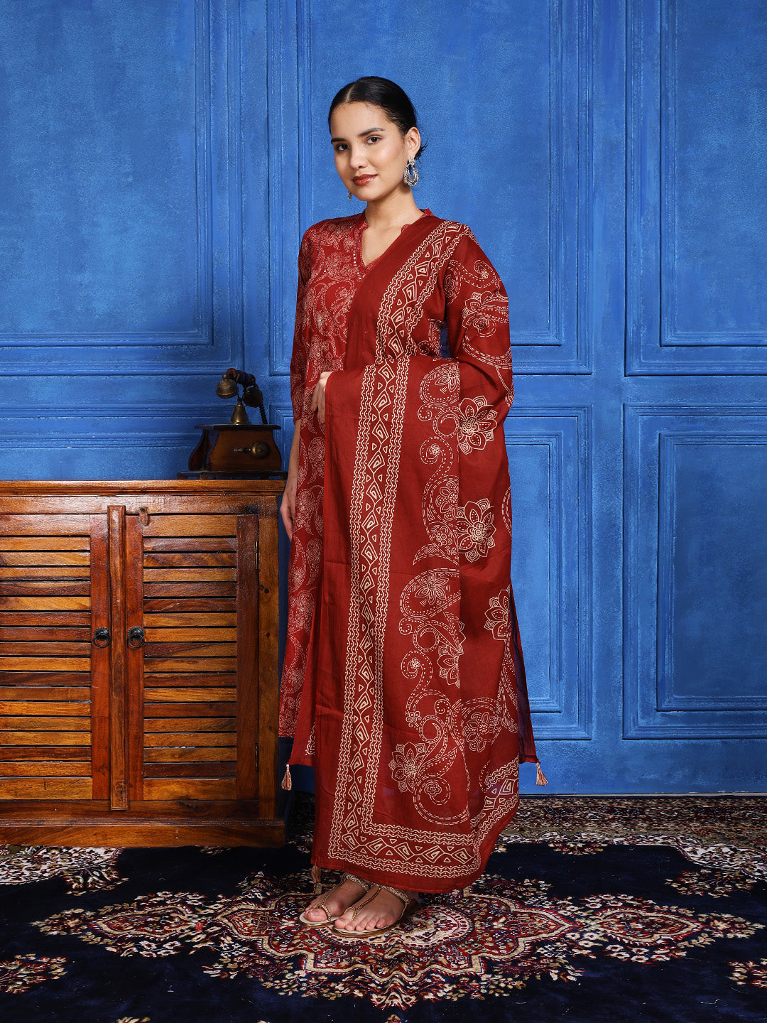 Printed Cotton Blend Kurta With Pants & Dupatta