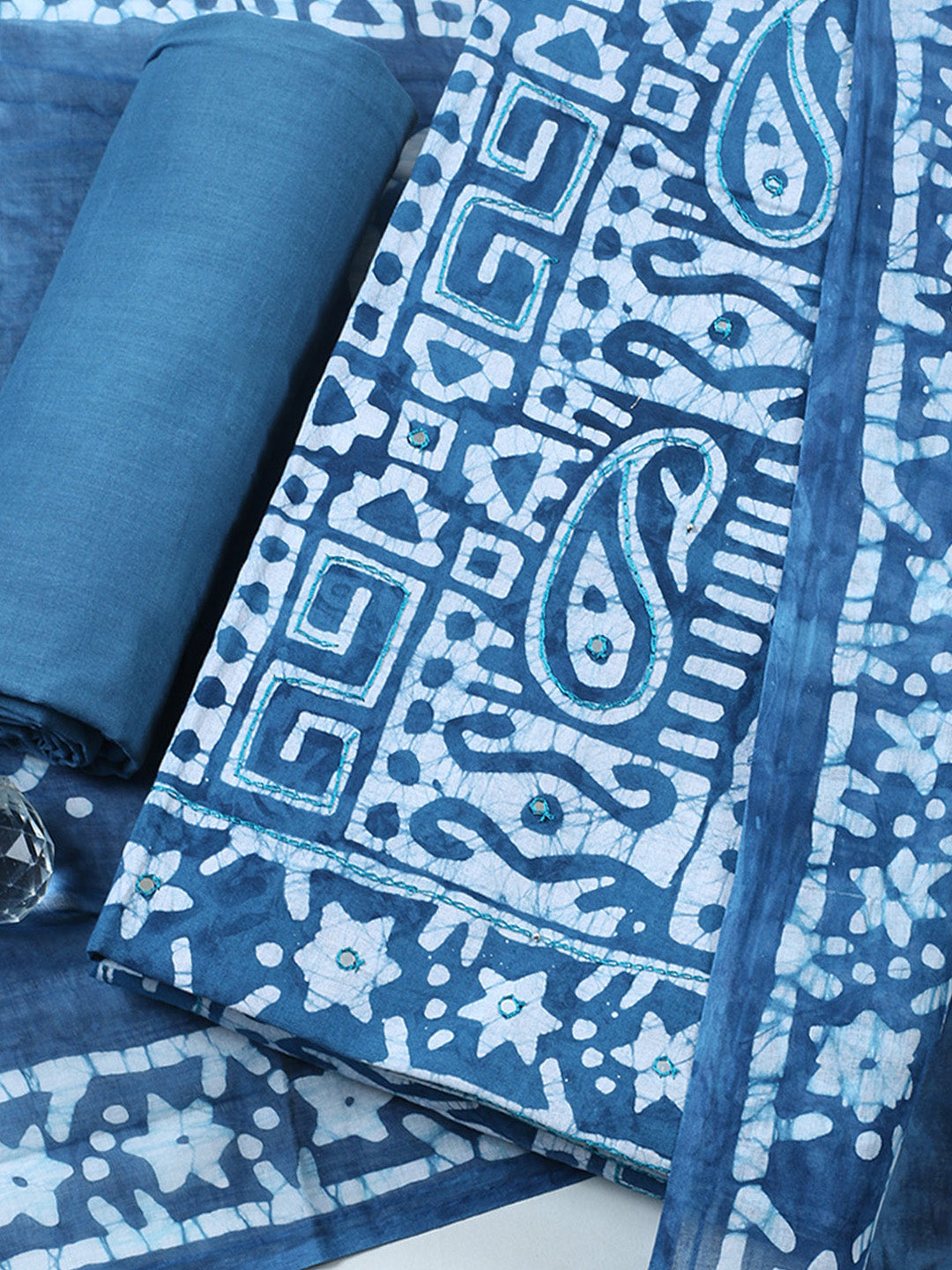 Embroidered Cotton Blend Unstitched Suit With Pant &amp; Dupatta