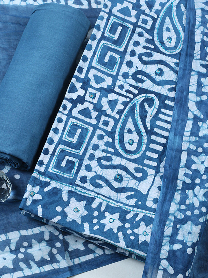 Embroidered Cotton Blend Unstitched Suit With Pant &amp; Dupatta