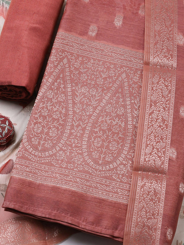 Embroidered Chanderi Unstitched Suit With Pant &amp; Dupatta
