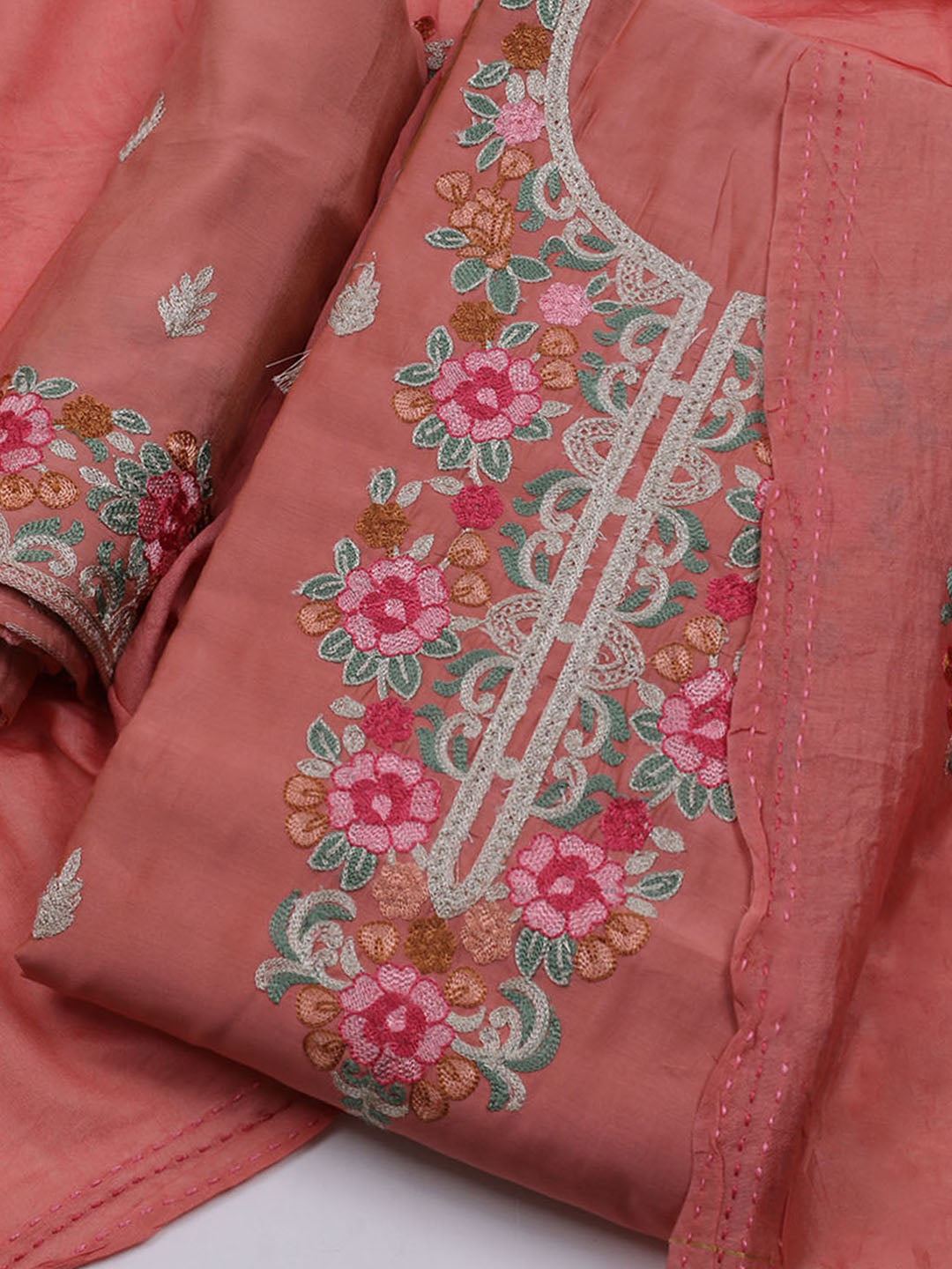 Neck Embroidered Chanderi Unstitched Suit With Dupatta