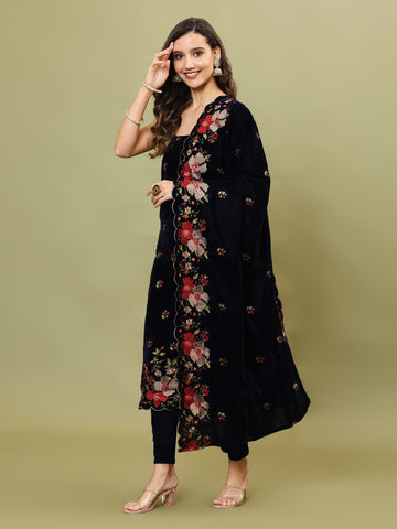 Embroidered Velvet Unstitched Suit Piece With Dupatta