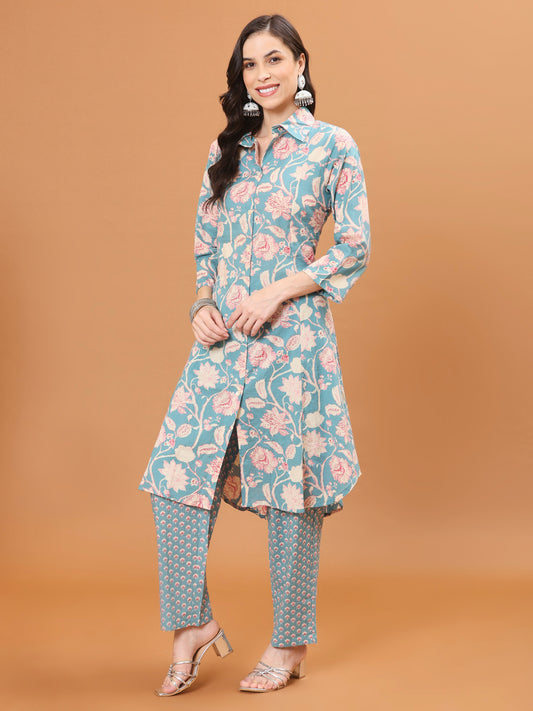 Floral Printed Cotton Kurta With Pants