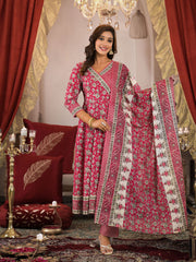 Floral Print Cotton Kurta With Pants & Dupatta