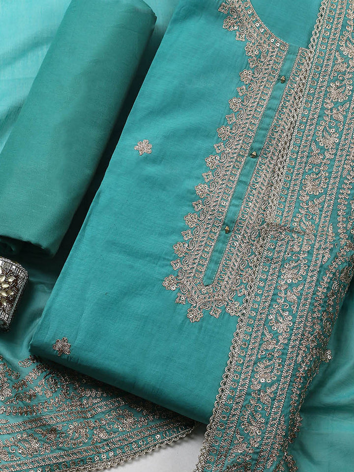 Embroidered Chanderi Unstitched Suit With Pant &amp; Dupatta