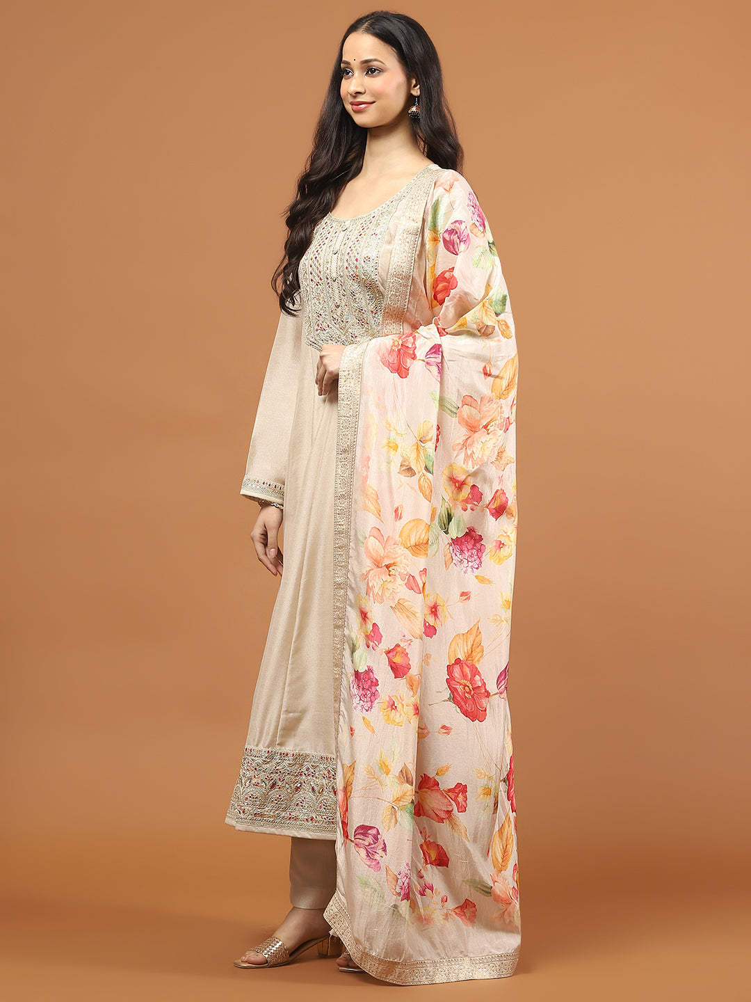 Zari Embroidery Art Silk Kurta With Pants &amp; Dupatta