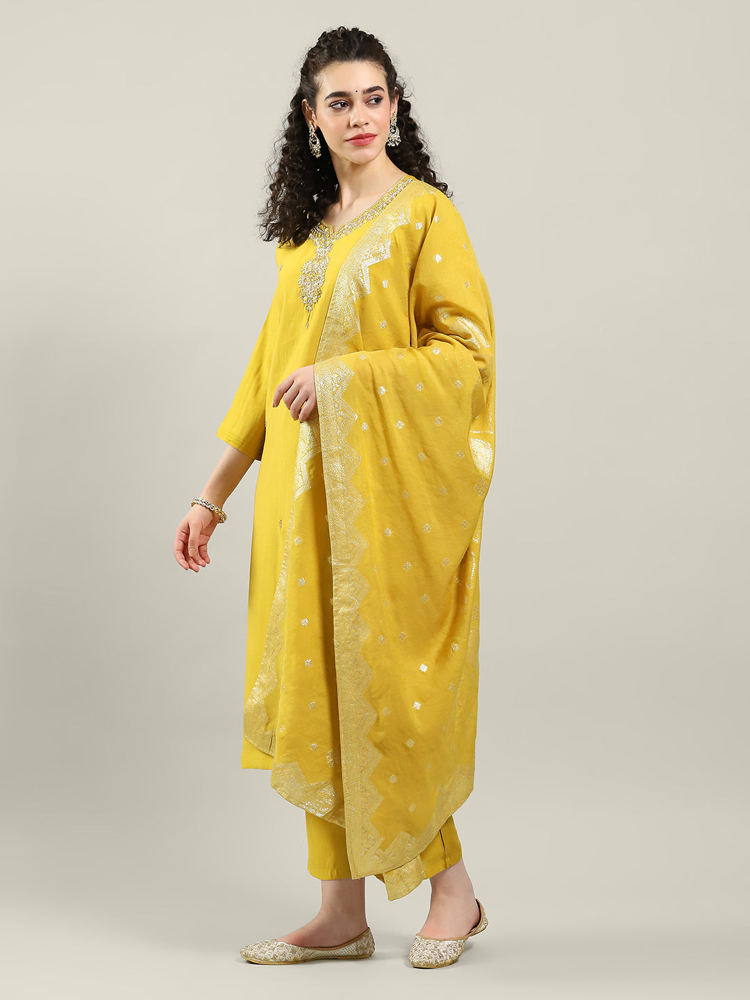 Printed Cotton Blend Kurta With Pants & Dupatta