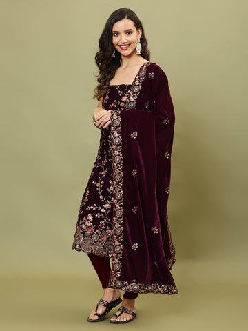 Neck Embroidered Velvet Unstitched Suit Piece With Dupatta