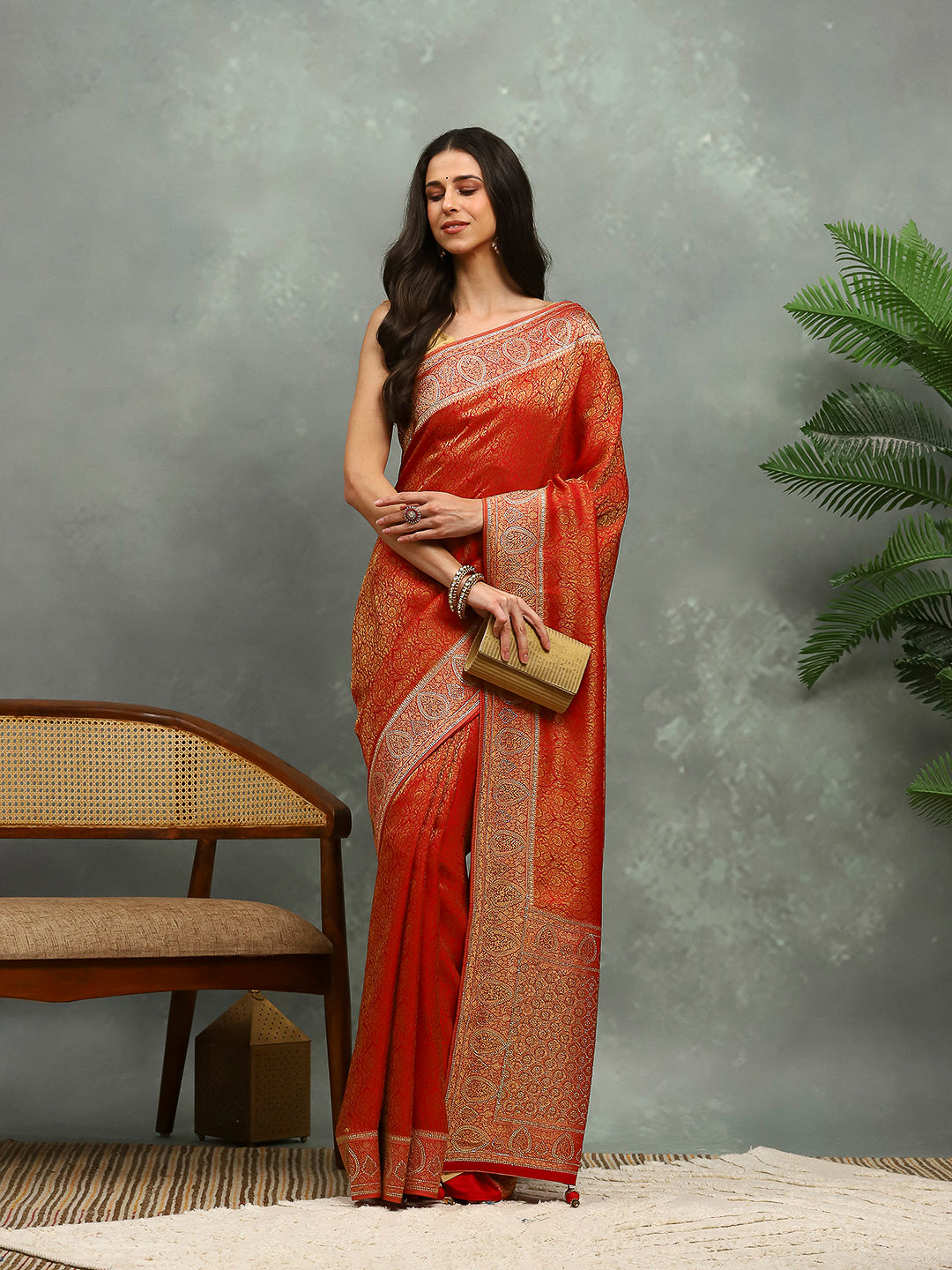 Stone Work Satin Embroidery Saree