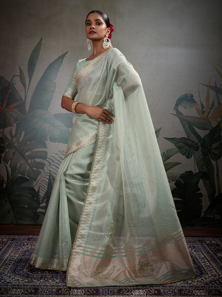 Thread Embroidered Woven Border Linen Saree