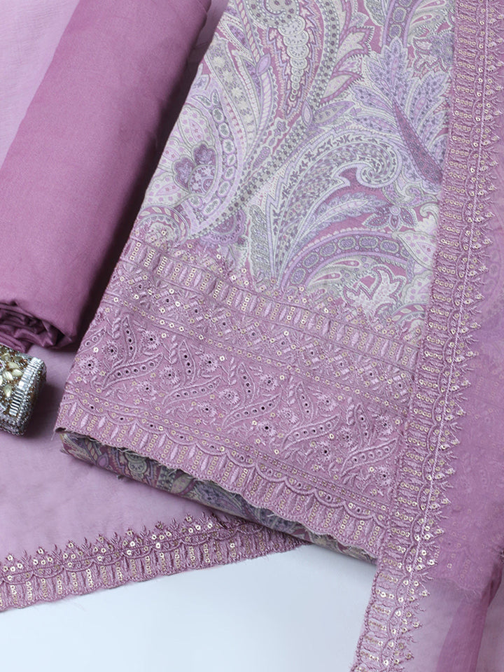 Embroidered Chanderi Unstitched Suit With Pant &amp; Dupatta