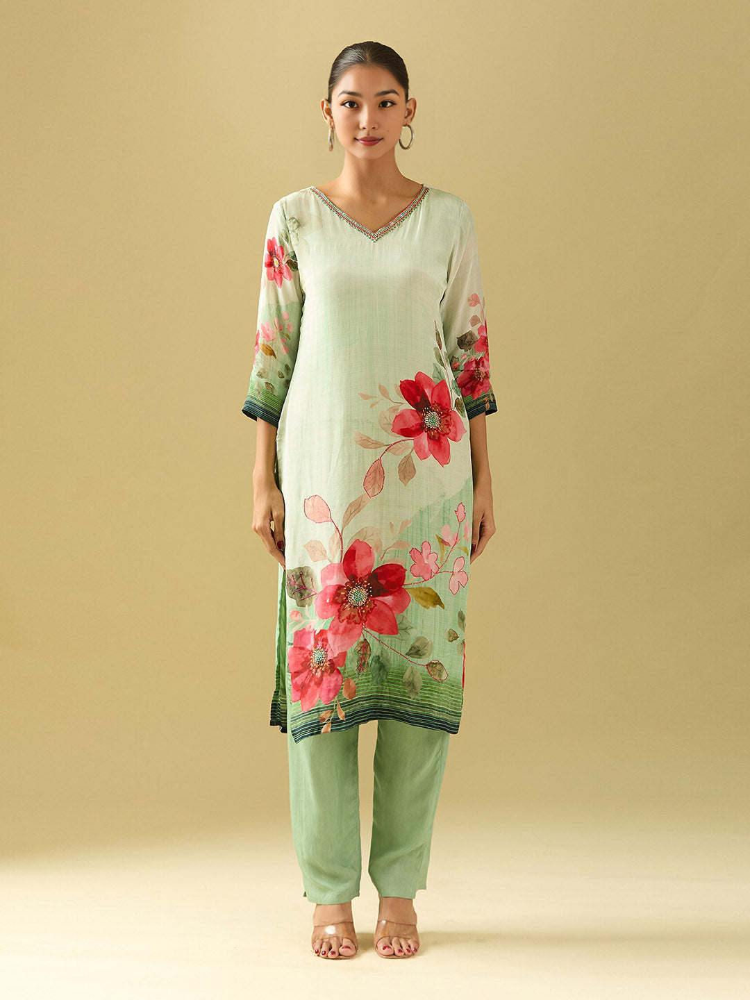 Neck Embroidery Crepe Kurta With Pants &amp; Dupatta