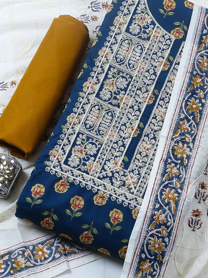 Printed Cotton Blend Unstitched Suit With Pant &amp; Dupatta