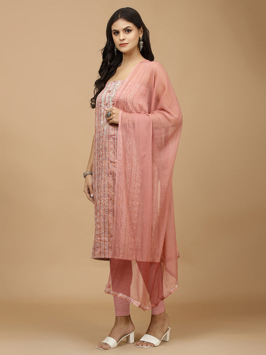 Neck Embroidery & Printed Cotton Unstitched Suit With Dupatta