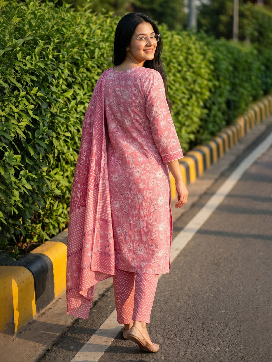 Pink Printed Cotton Blend Straight V Neck Suit Set