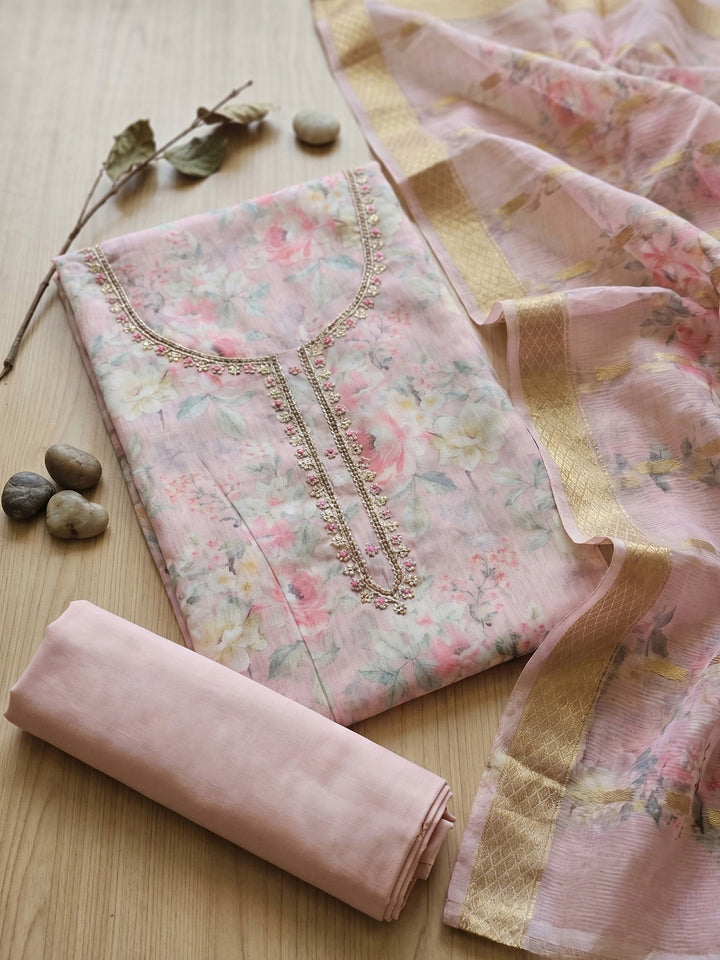 Neck Embroidered Chanderi Unstitched Suit With Dupatta