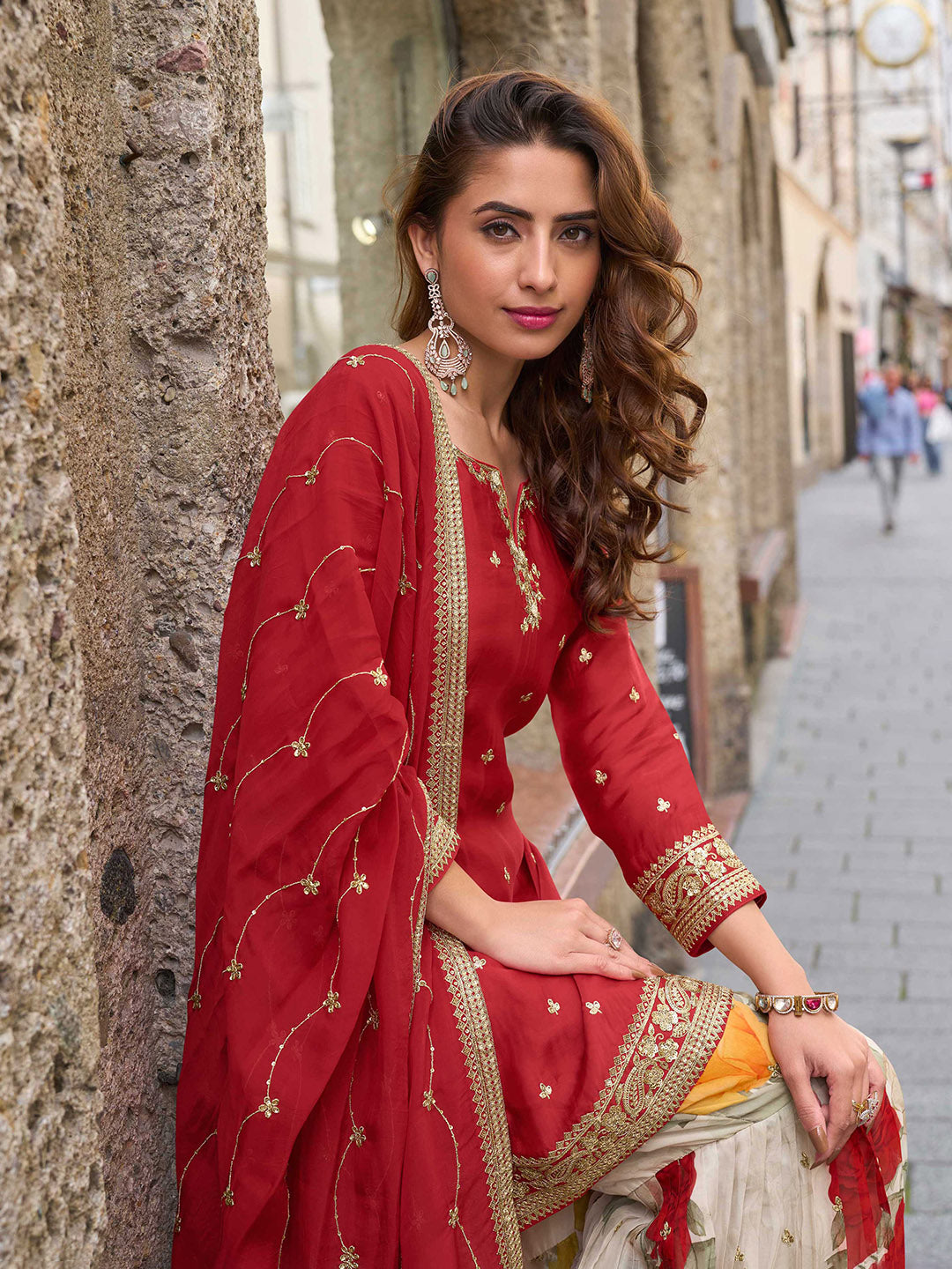 Embroidered Chinon Kurti With Plazzo &amp; Dupatta
