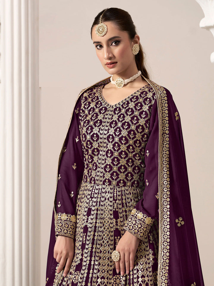 Embroidered Georgette Semi Stitched Kurta With Salwar &amp; Dupatta