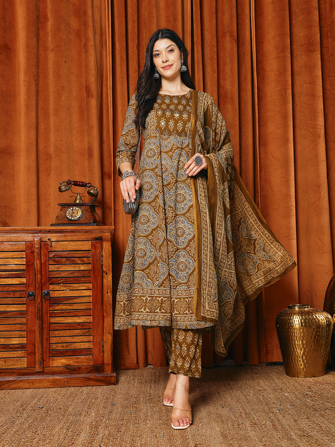 Printed Cotton Blend Kurta With Pants & Dupatta