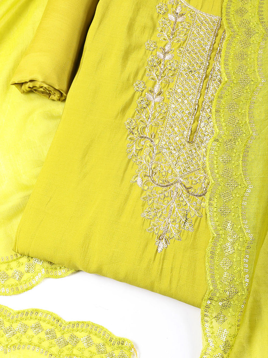 Neck Embroidered Chanderi Unstitched Suit With Dupatta