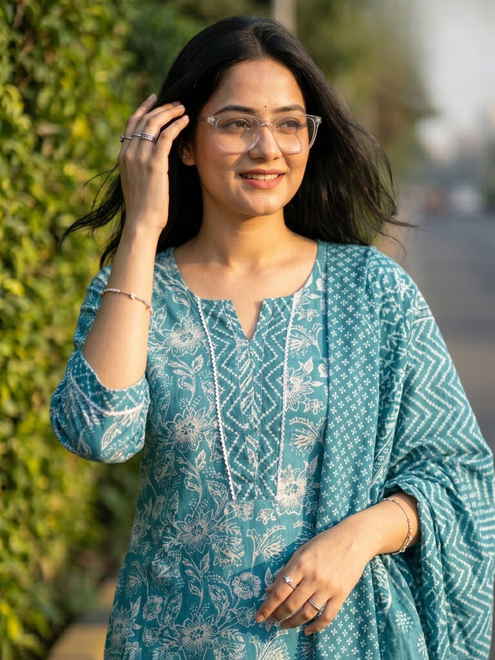 Sky Blue Printed Cotton Blend Straight V Neck Suit Set