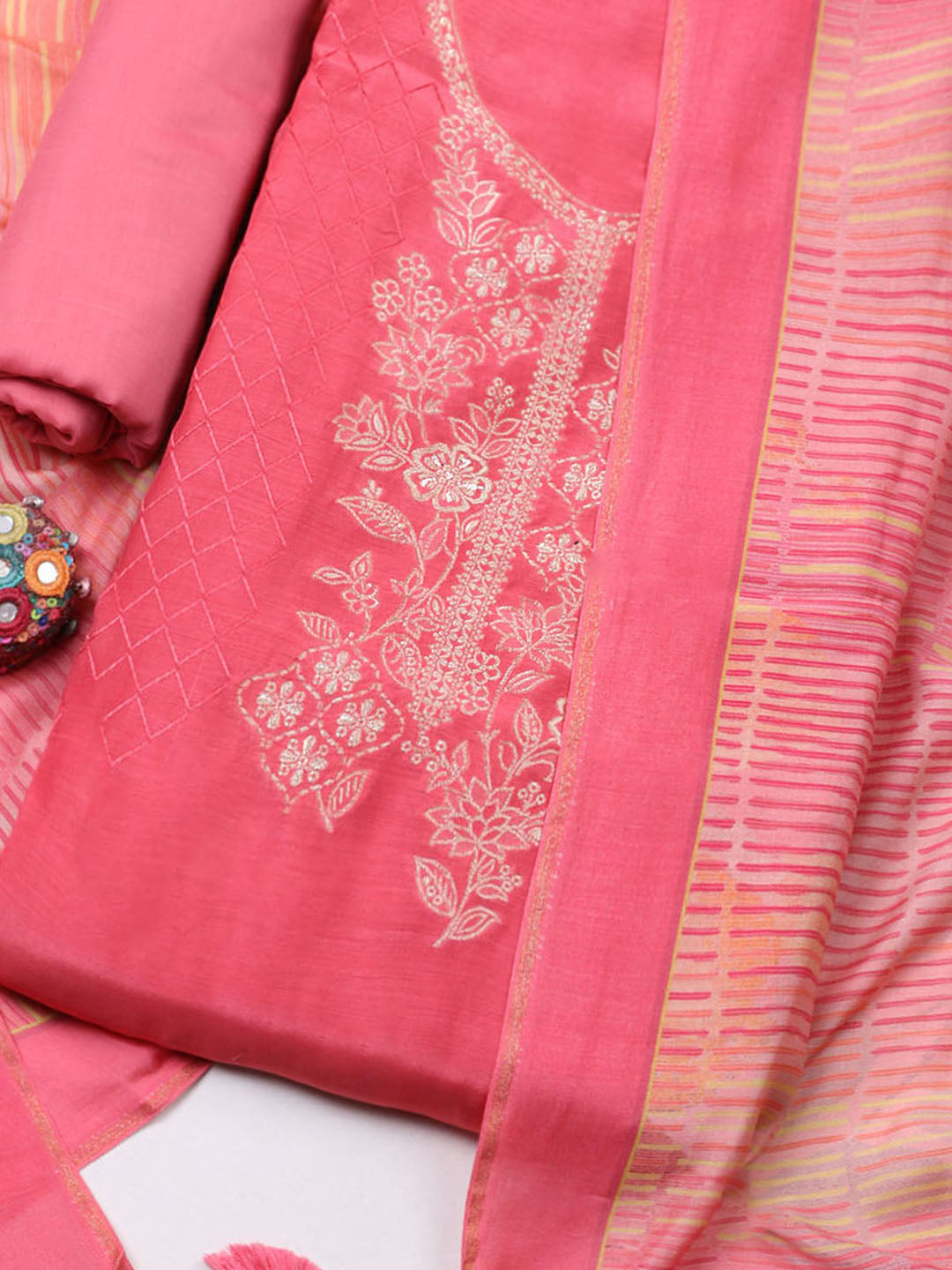 Embroidered Art Silk Unstitched Suit With Pant &amp; Dupatta