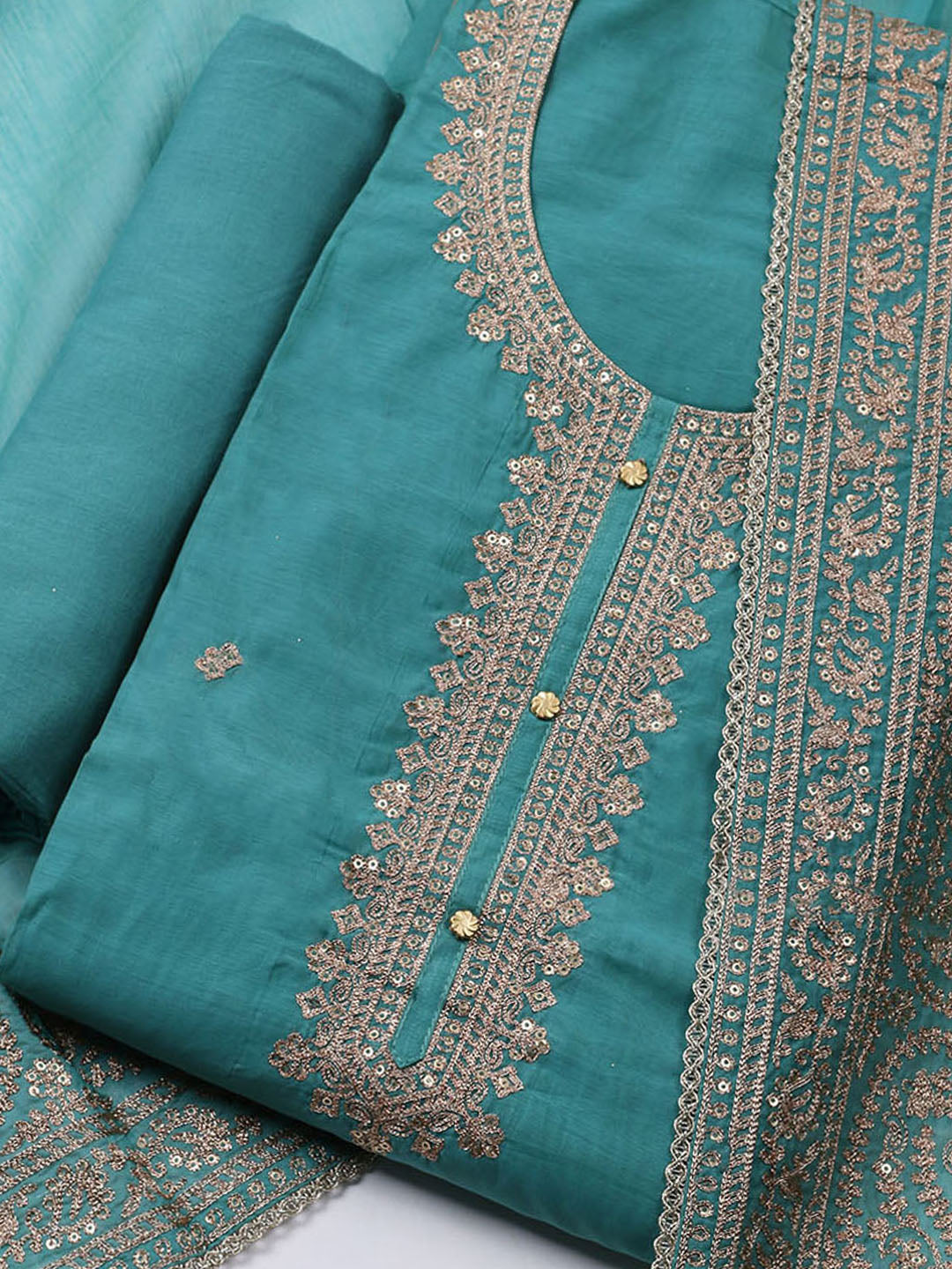Neck Embroidered Chanderi Unstitched Suit With Dupatta