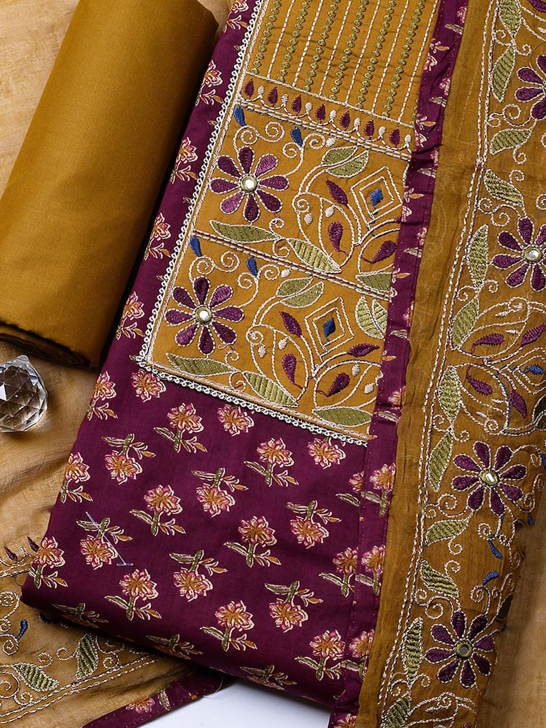 Embroidered Cotton Blend Unstitched Suit With Pant &amp; Dupatta