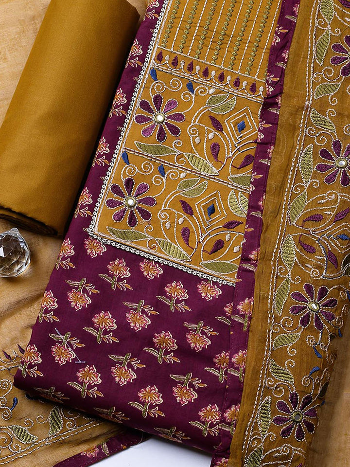 Embroidered Cotton Blend Unstitched Suit With Pant &amp; Dupatta