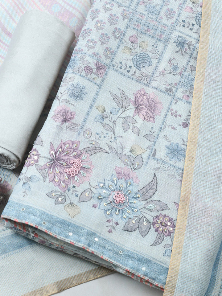 Printed Linen Blend Unstitched Suit With Pant &amp; Dupatta